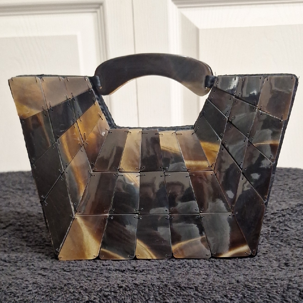 Vintage Mid-Century Modern Horn Tile Handbag - Small - Black Gold Tortoise Shell
